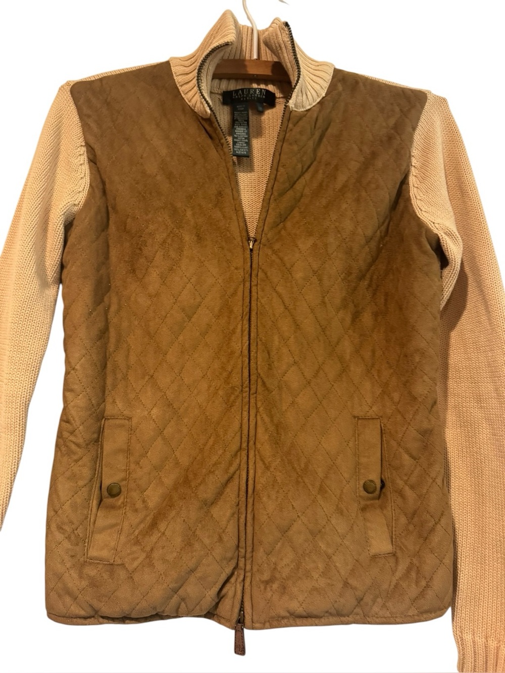Lauren Ralph Lauren Petite Quilted Faux Suede Knit Jacket PP Camel